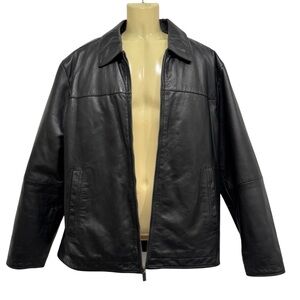 Perry Ellis Portfolio Lambskin Black Leather Jacket Size L Full Zipper Front
